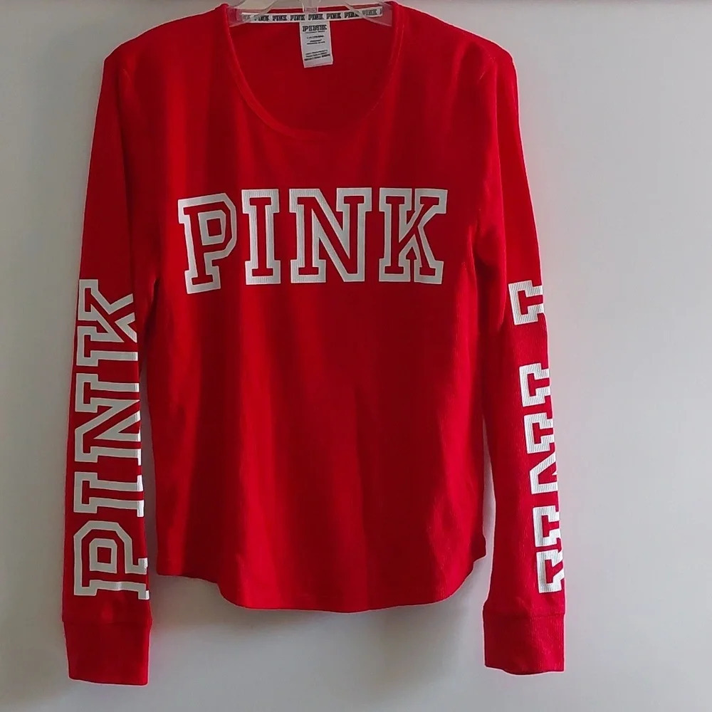 Pink Victoria's Secret Red- white waffle knit shirt loungewear casual Large
